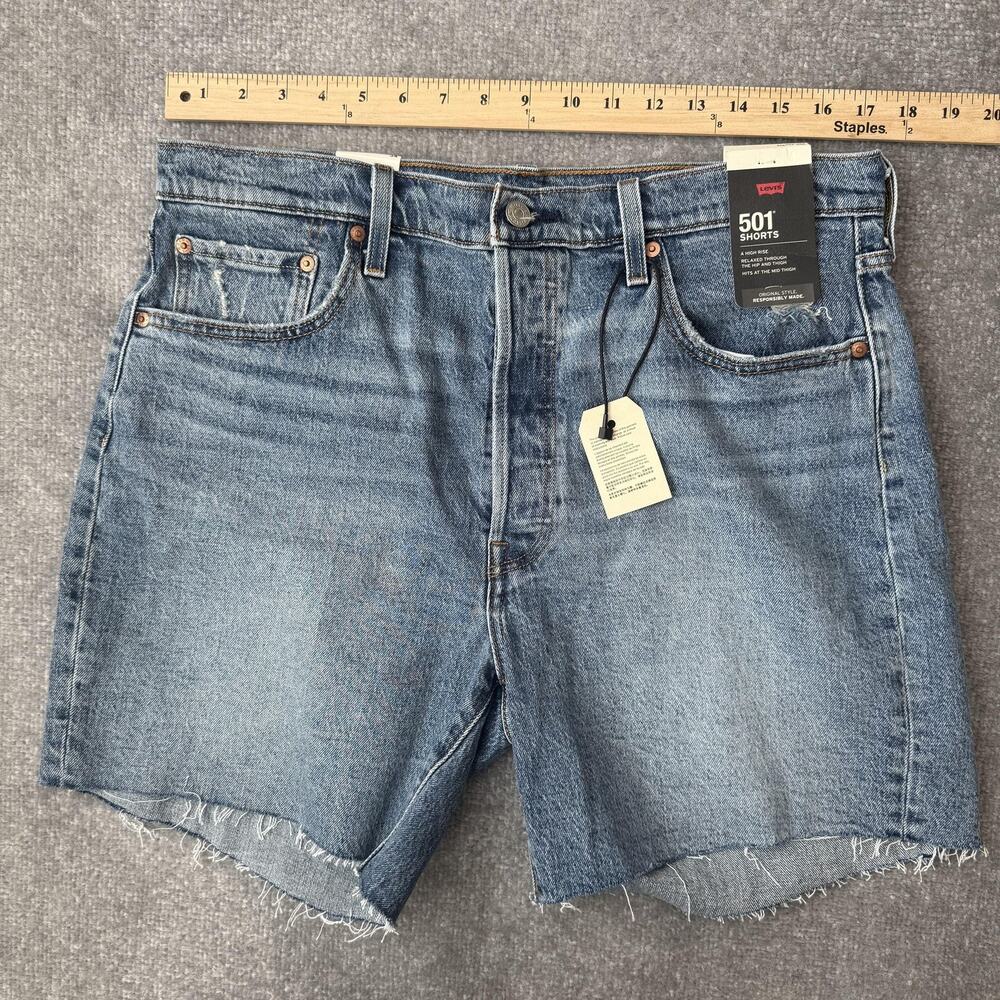 Levis 501 Shorts Womens 34 Blue Button Fly Raw Hem High Rise Relaxed Fit Denim - Picture 7 of 12